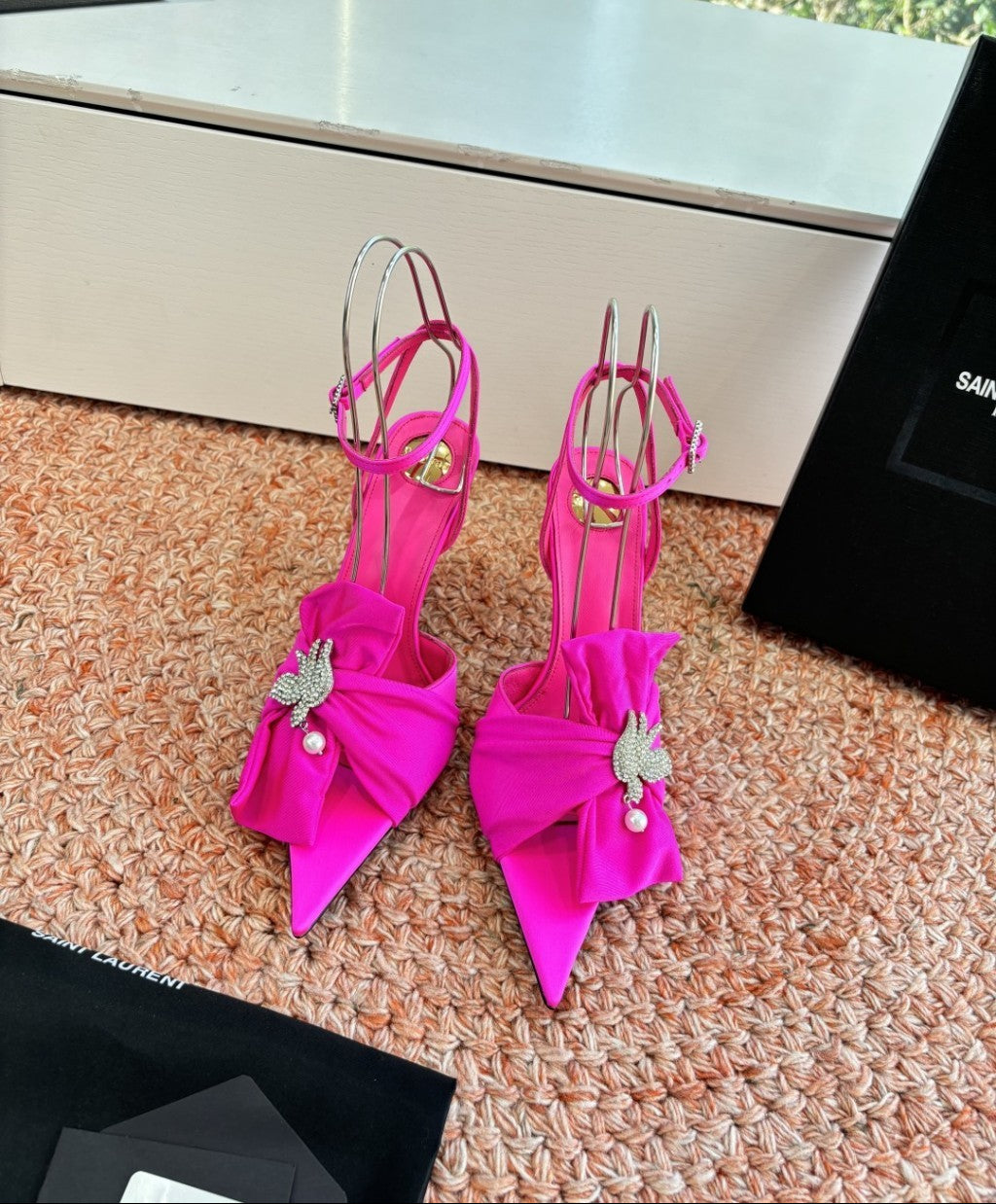Saint Laurent Dove Sandals in Satin Crepe and Rhinestones Pink