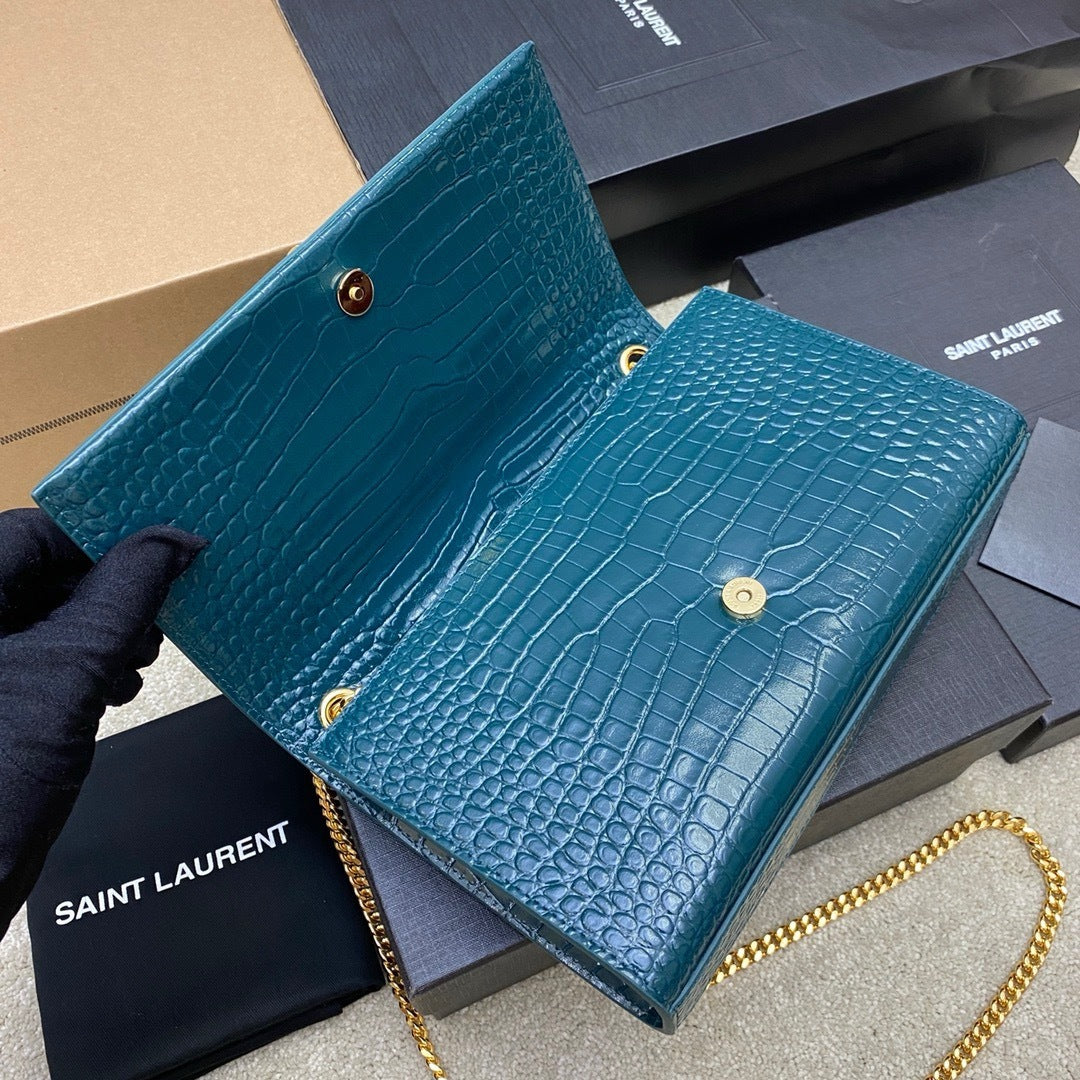 Saint Laurent Shoulder Bag Blue petróleo Croc Ferragens Douradas