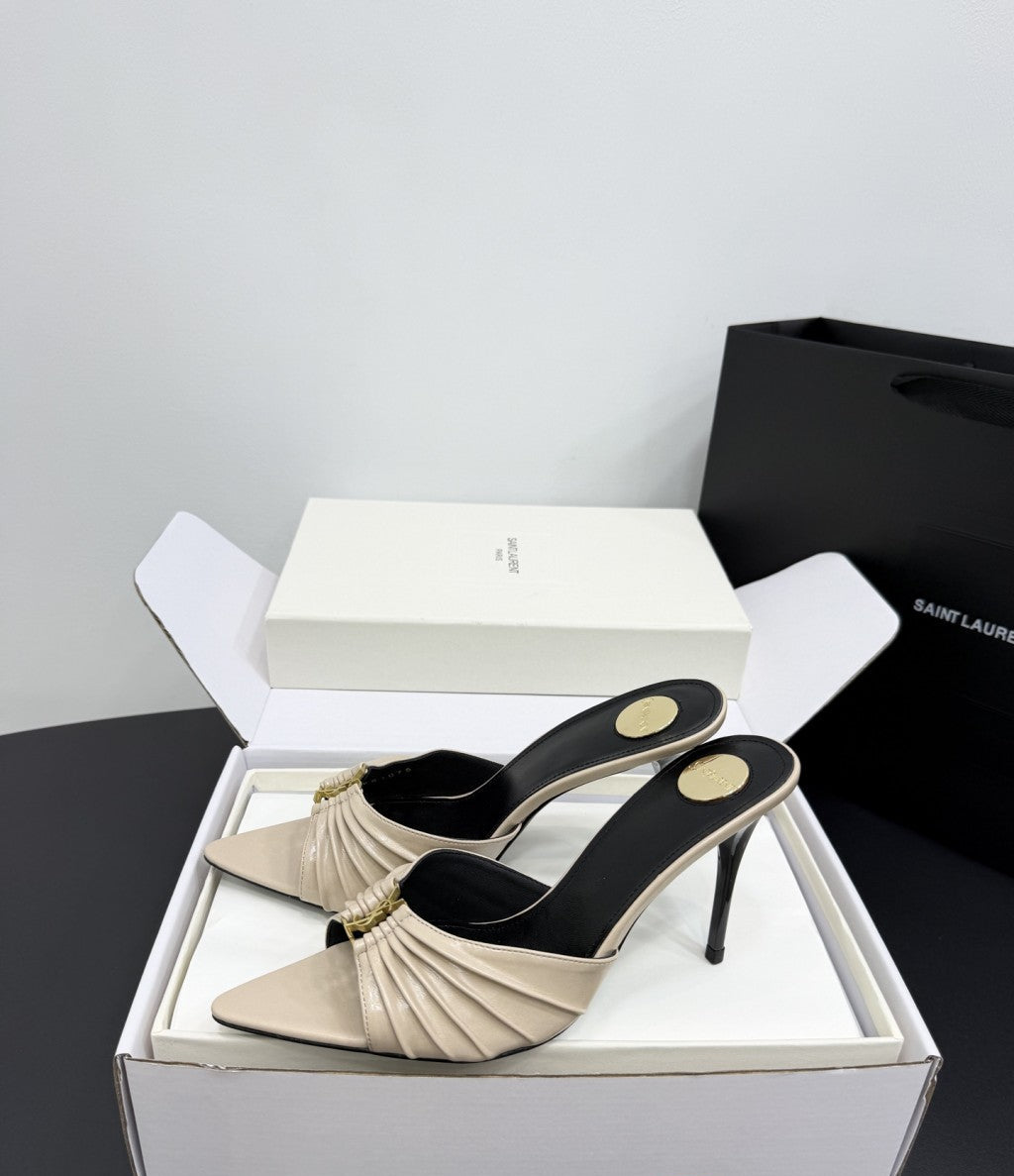 Saint Laurent Babylone Ruched Mules in Leather Ivory