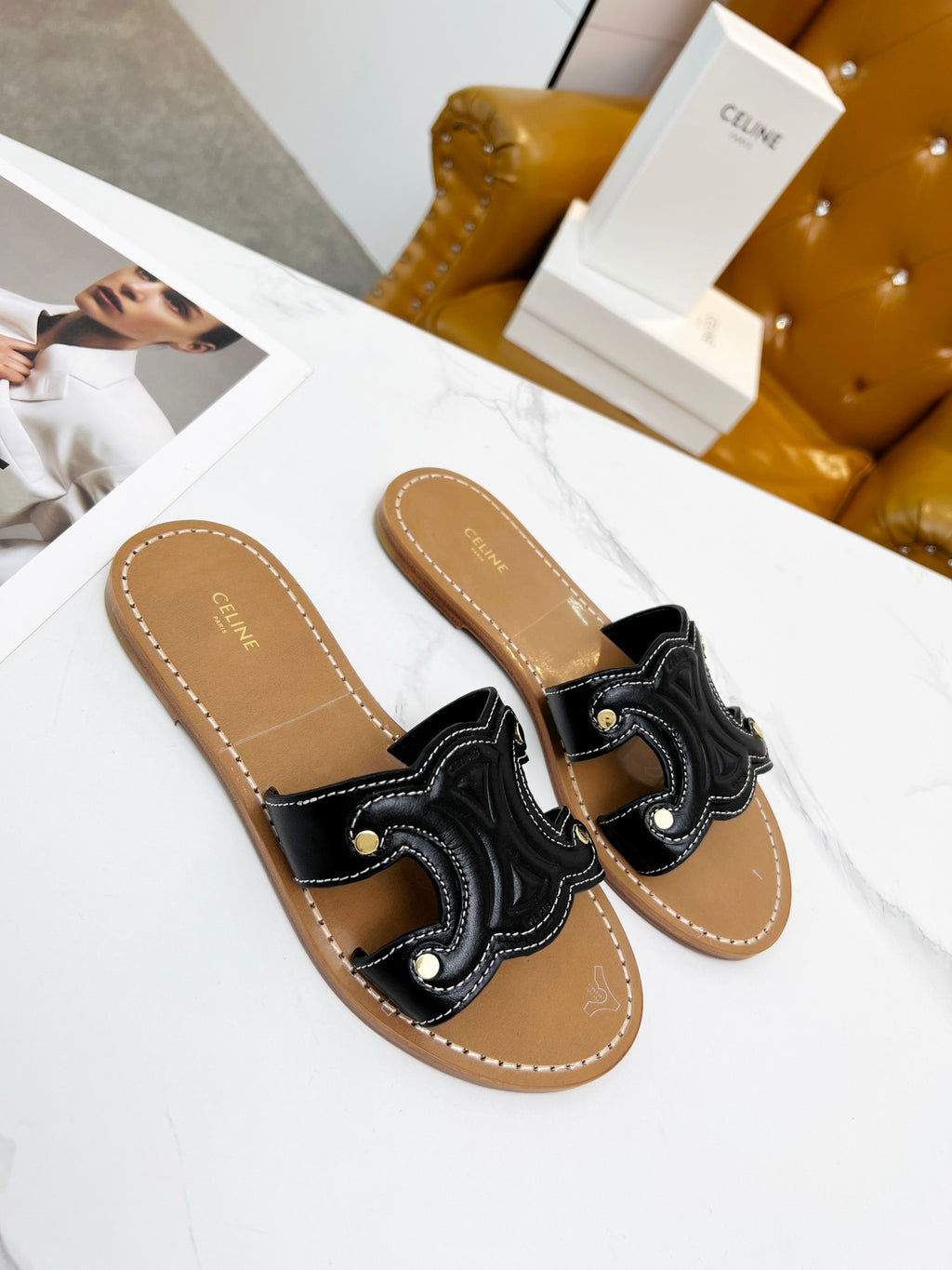 CELINE TRIOMPHE MULE in CALFSKIN Black