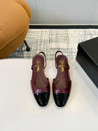 Sapatilha Chanel Slingback Flat Vinho com Bico Preto Envernizado