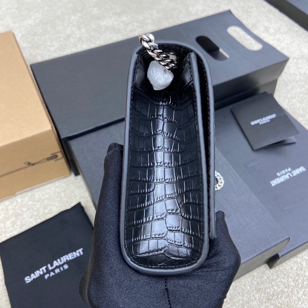 Saint Laurent Shoulder Bag Black Croc Ferragens Prata