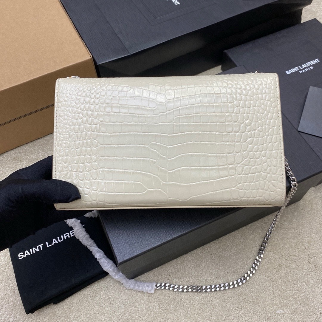 Saint Laurent Shoulder Bag Off-White Croc Ferragens Prata