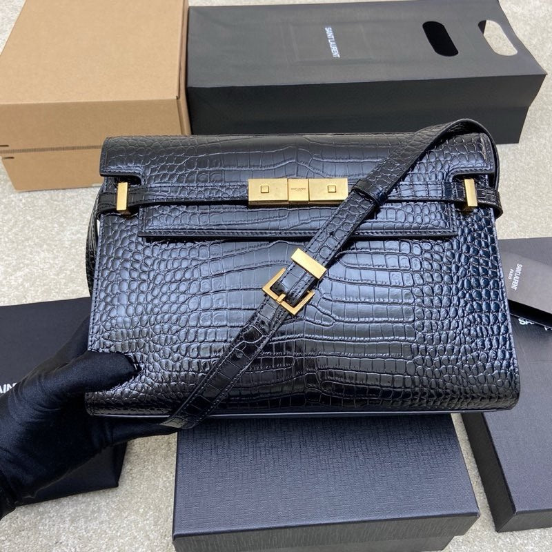 Saint Laurent Manhattan Small Shoulder Bag Croc Black Ferragens Douradas