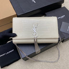 Saint Laurent Shoulder Bag Off-White Croc Ferragens Prata