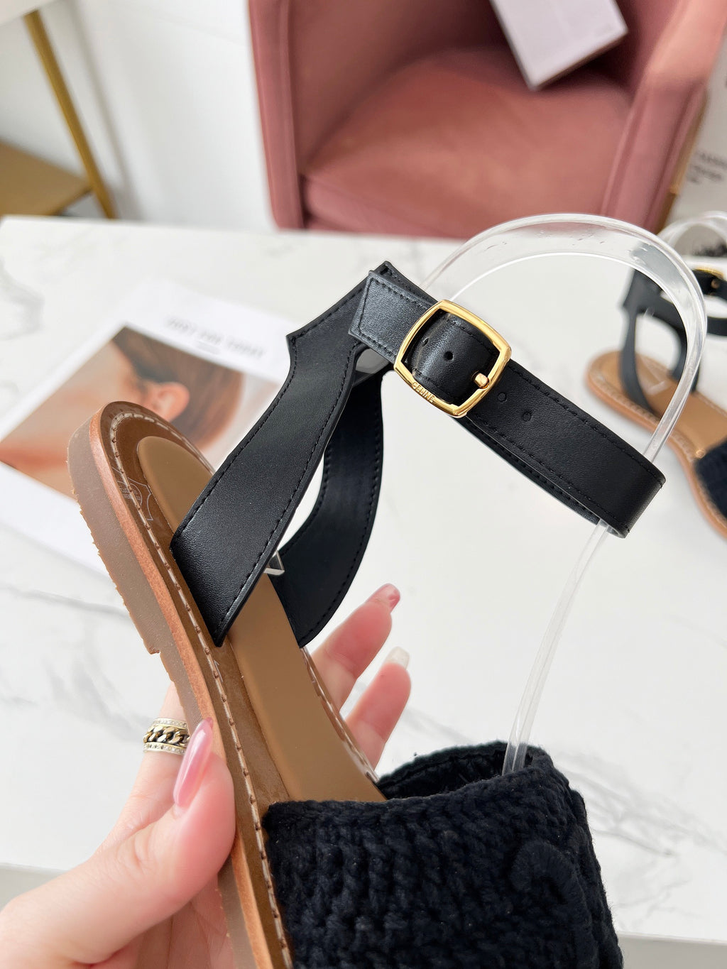 CELINE LYMPIA SANDAL in TRIOMPHE MACCRAMÉ COTTON & CALFSKIN