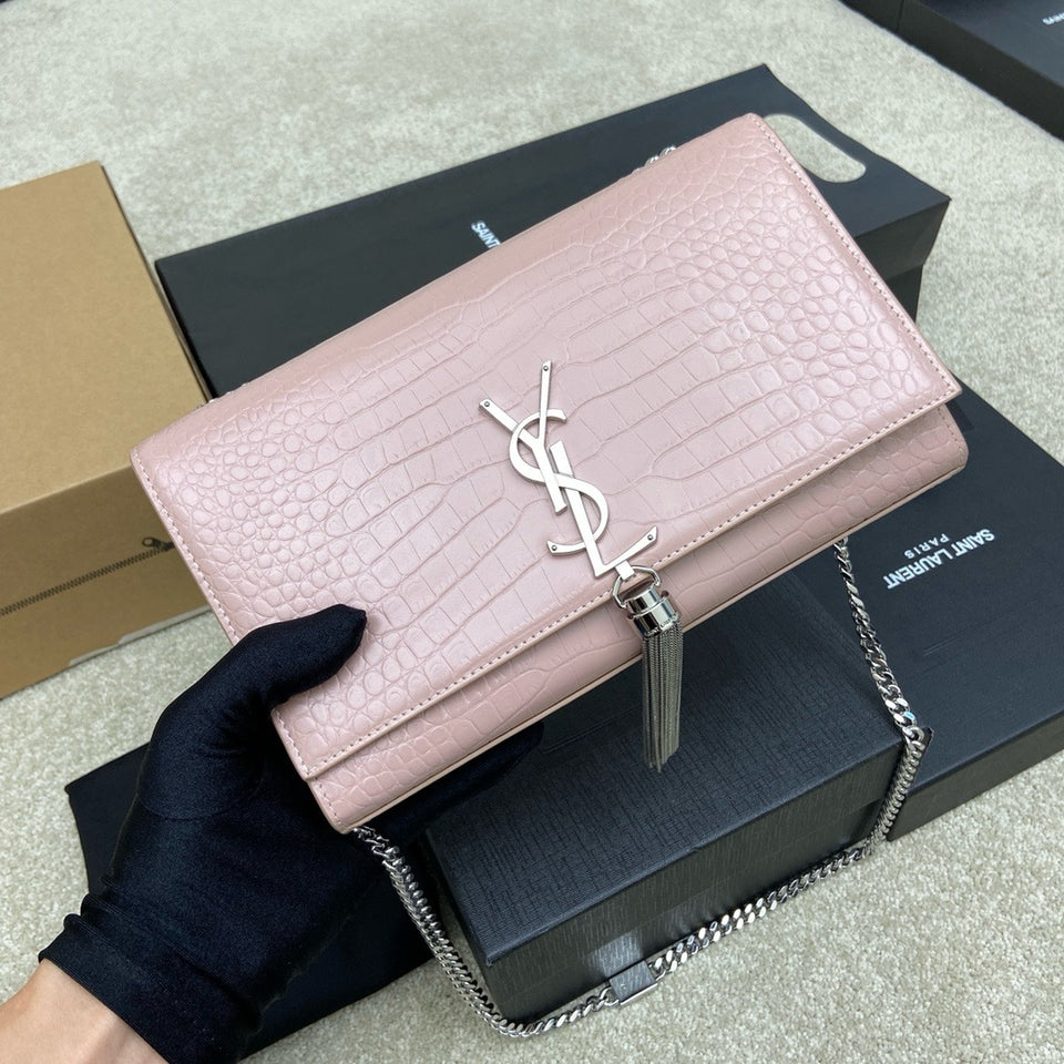 Saint Laurent Shoulder Bag Pink Blush Croc Ferragens Prata