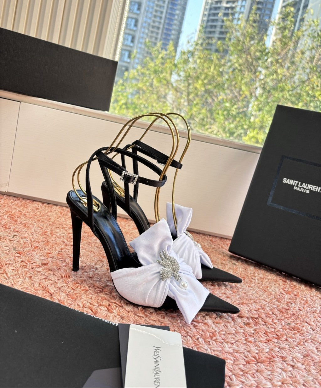 Saint Laurent Dove Sandals in Satin Crepe and Rhinestones Black / White