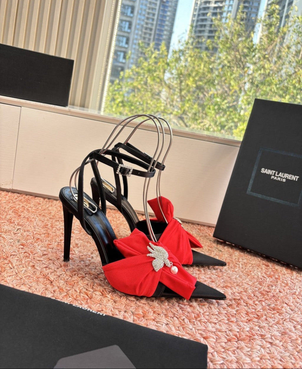 Saint Laurent Dove Sandals in Satin Crepe and Rhinestones Black / Red