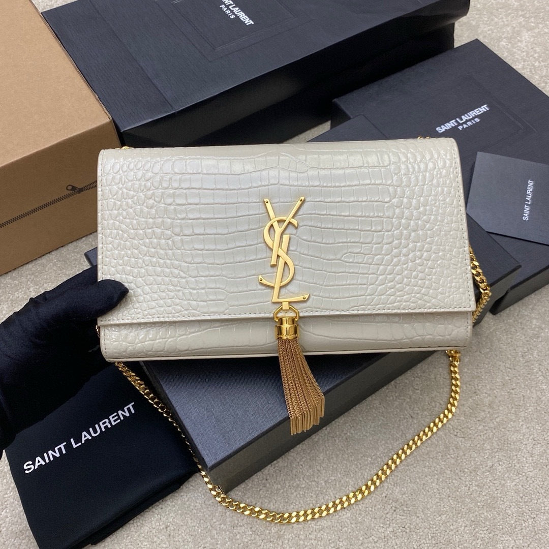 Saint Laurent Shoulder Bag Off-White Croc Ferragens Douradas