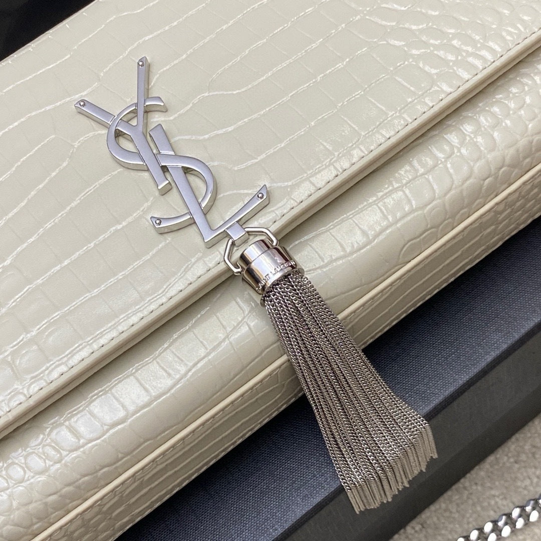 Saint Laurent Shoulder Bag Off-White Croc Ferragens Prata