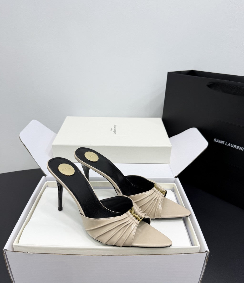 Saint Laurent Babylone Ruched Mules in Leather Ivory