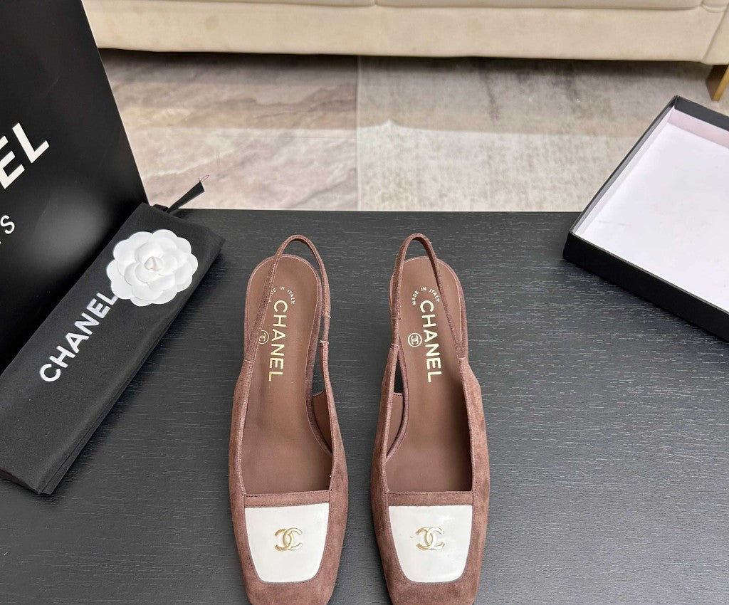 Chanel Slingback Heel Suede Dusty Pink White Gold