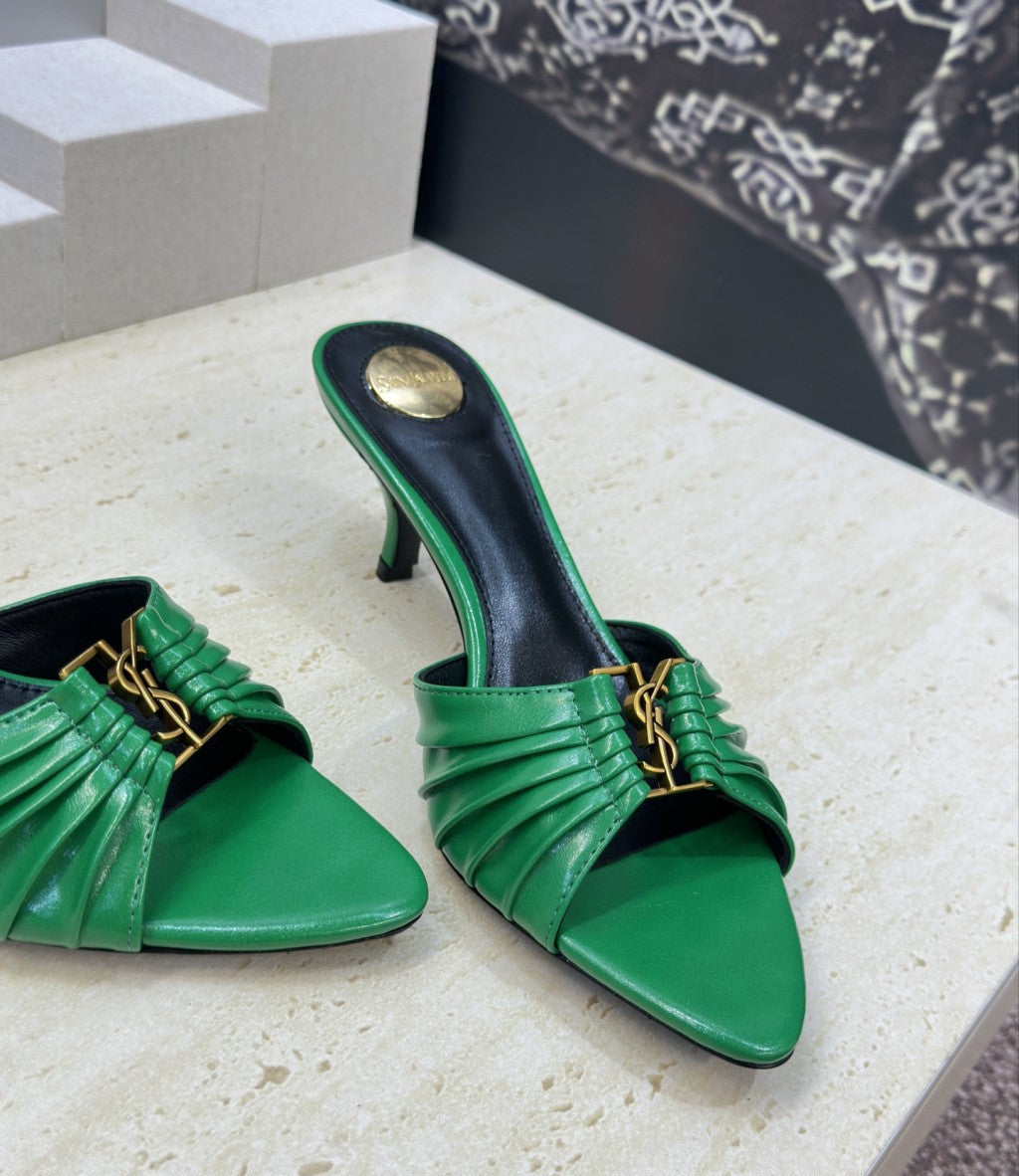 Saint Laurent Babylone Heeled Slide Sandals Green Gold