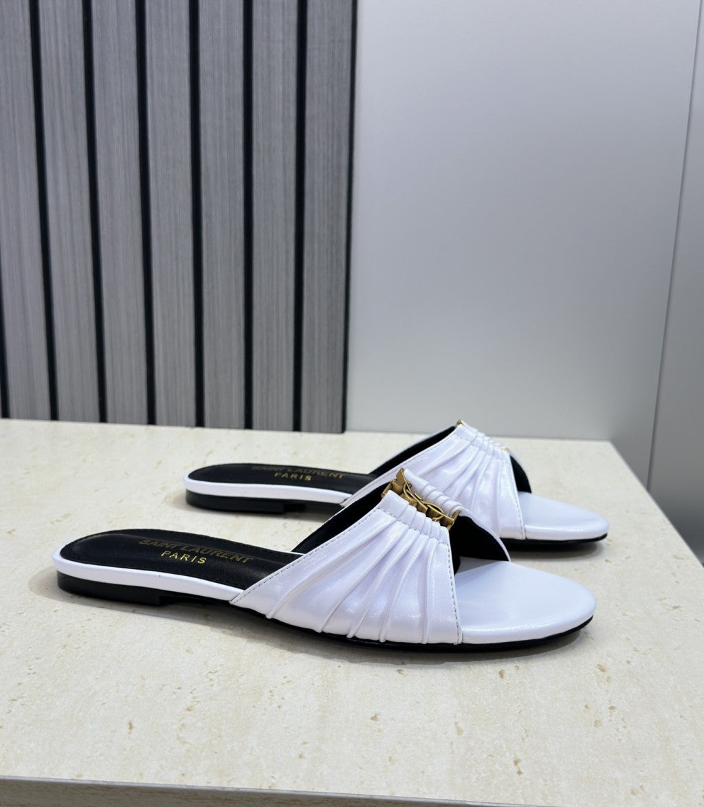 Saint Laurent Flat Slide Sandals White Gold