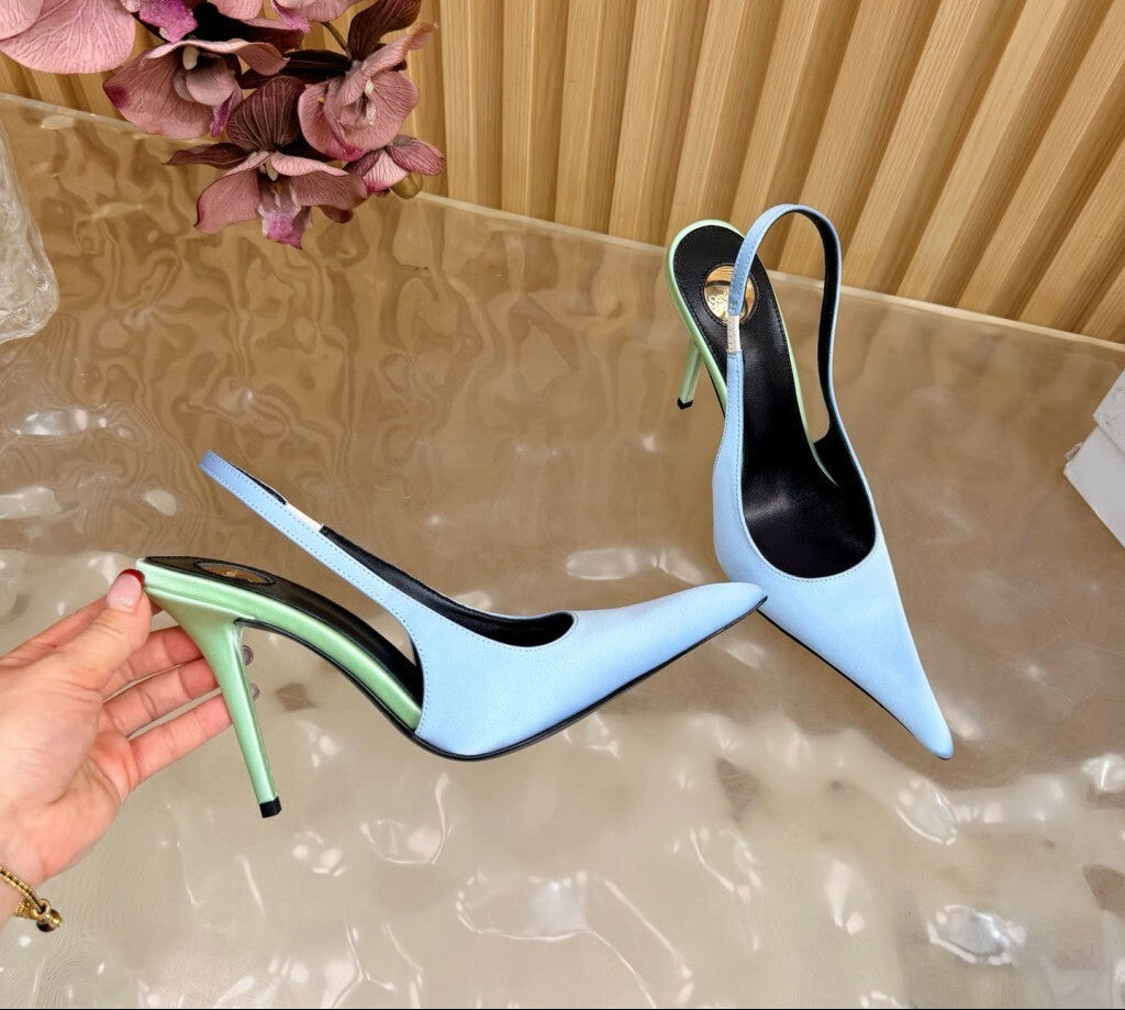 Saint Laurent Scarpin Slingback Deroche  Soft Blue & Pastel Green em  Crepe de Cetim