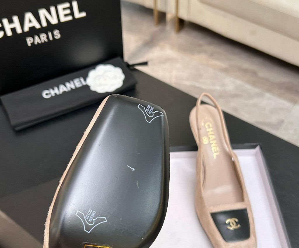 Chanel Slingback Heel Suede Beige Black Gold