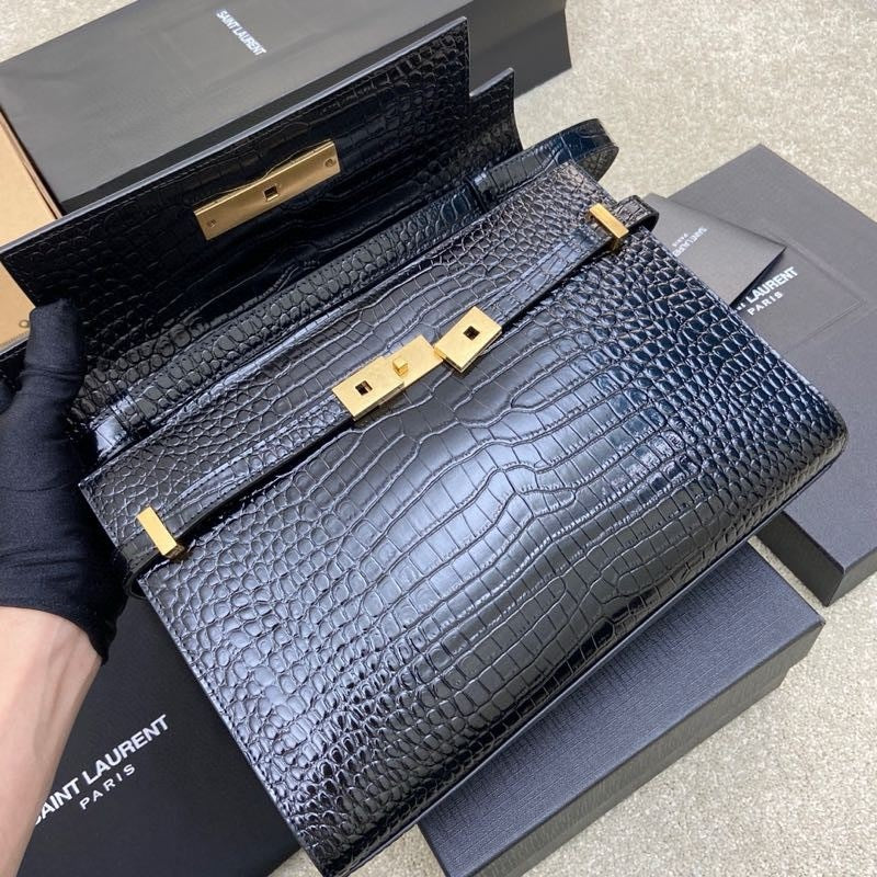 Saint Laurent Manhattan Small Shoulder Bag Croc Black Ferragens Douradas