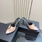 Saint Laurent Babylone Ruched Mules in Leather Nude
