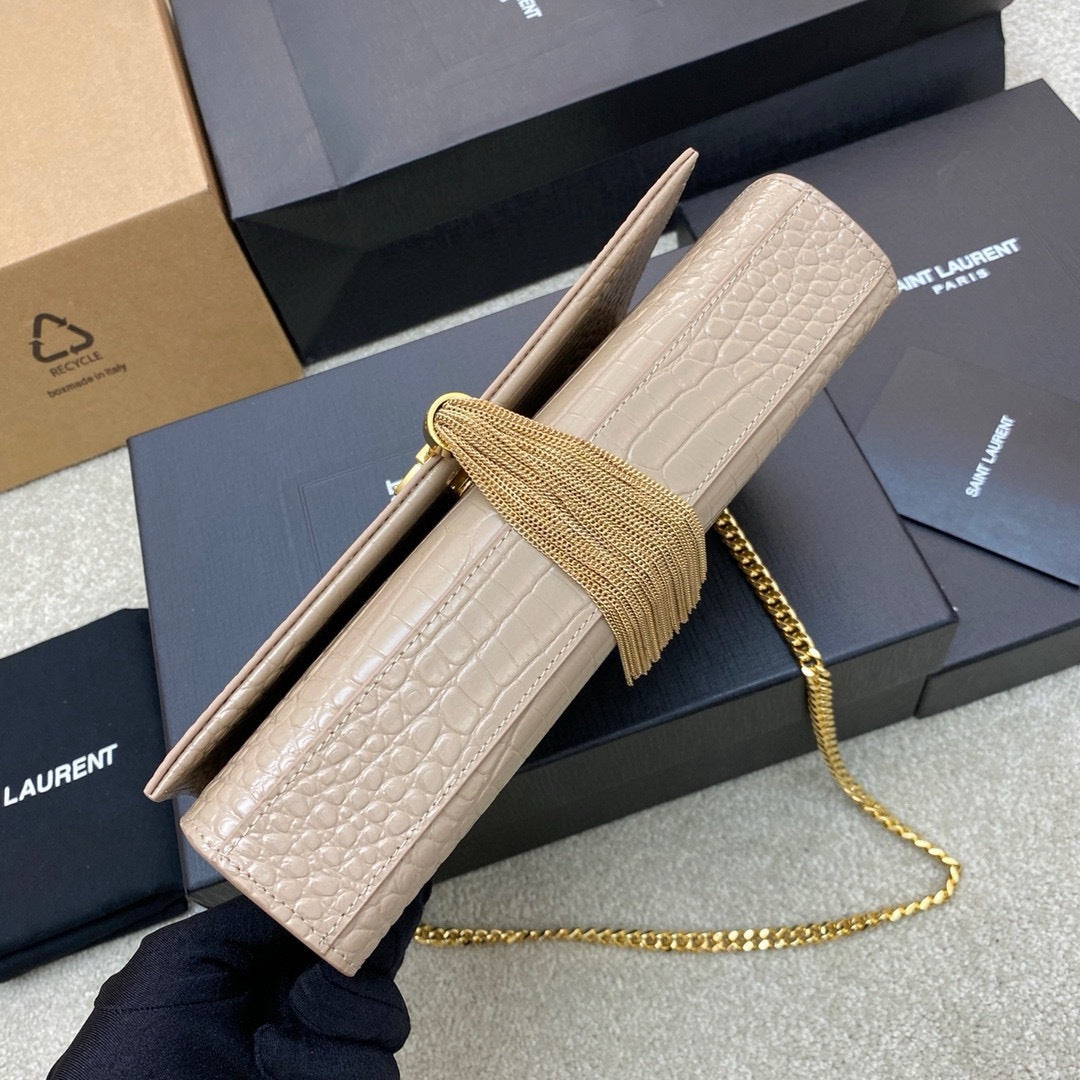 Saint Laurent Shoulder Bag Areia Dourada Croc Ferragens Douradas