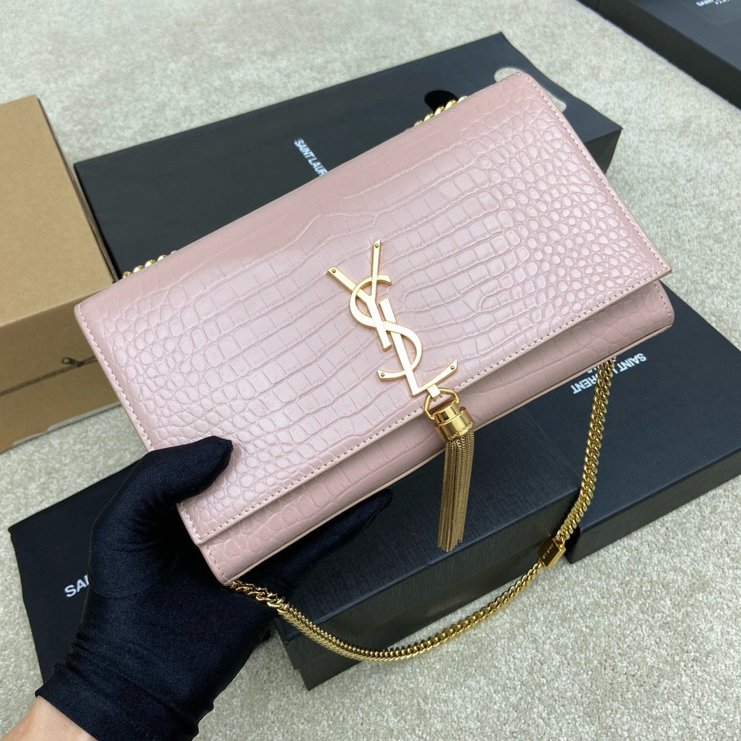 Saint Laurent Shoulder Bag Pink Blush Croc Ferragens Dourados