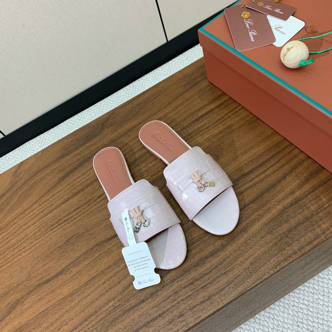 Loro Piana Summer Charms Suede Slides Croco