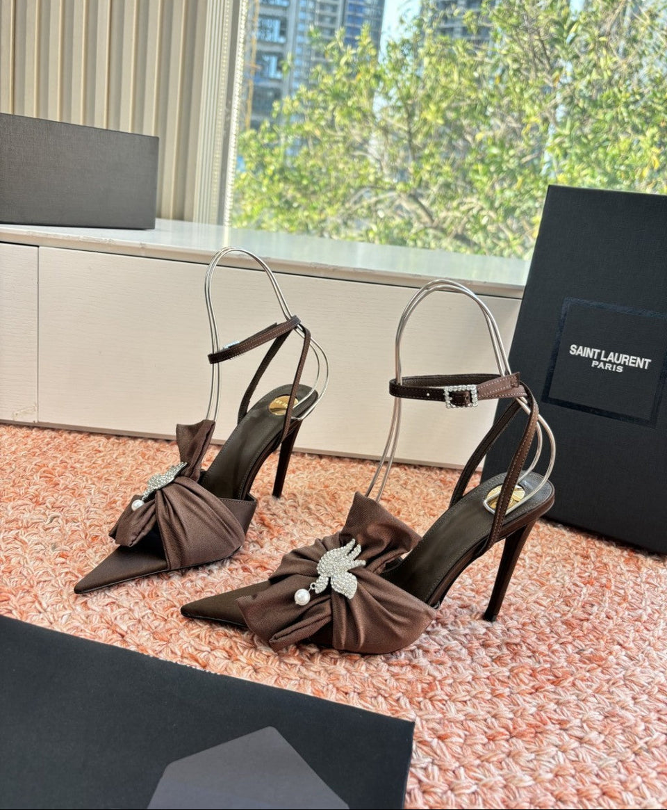 Saint Laurent Dove Sandals in Satin Crepe and Rhinestones Brown
