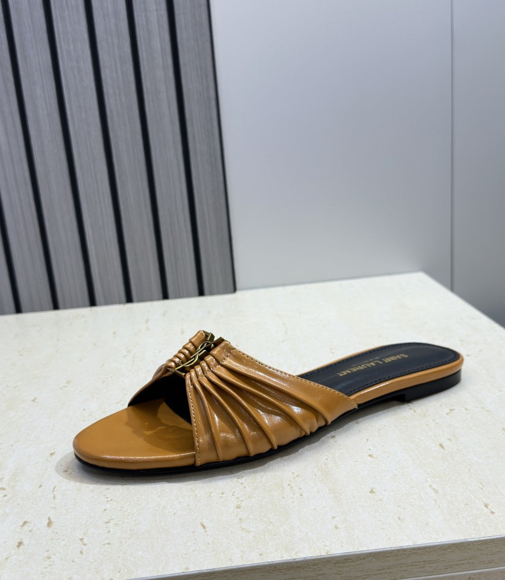 Saint Laurent  Flat Slide Sandals Camel Gold