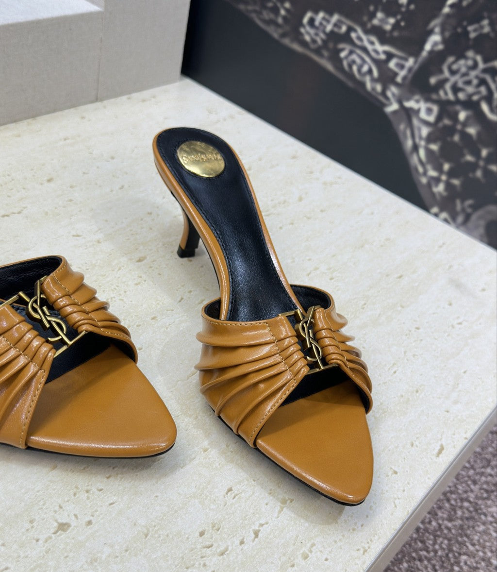 Saint Laurent Babylone Cassandra Draped Leather Mule Camel