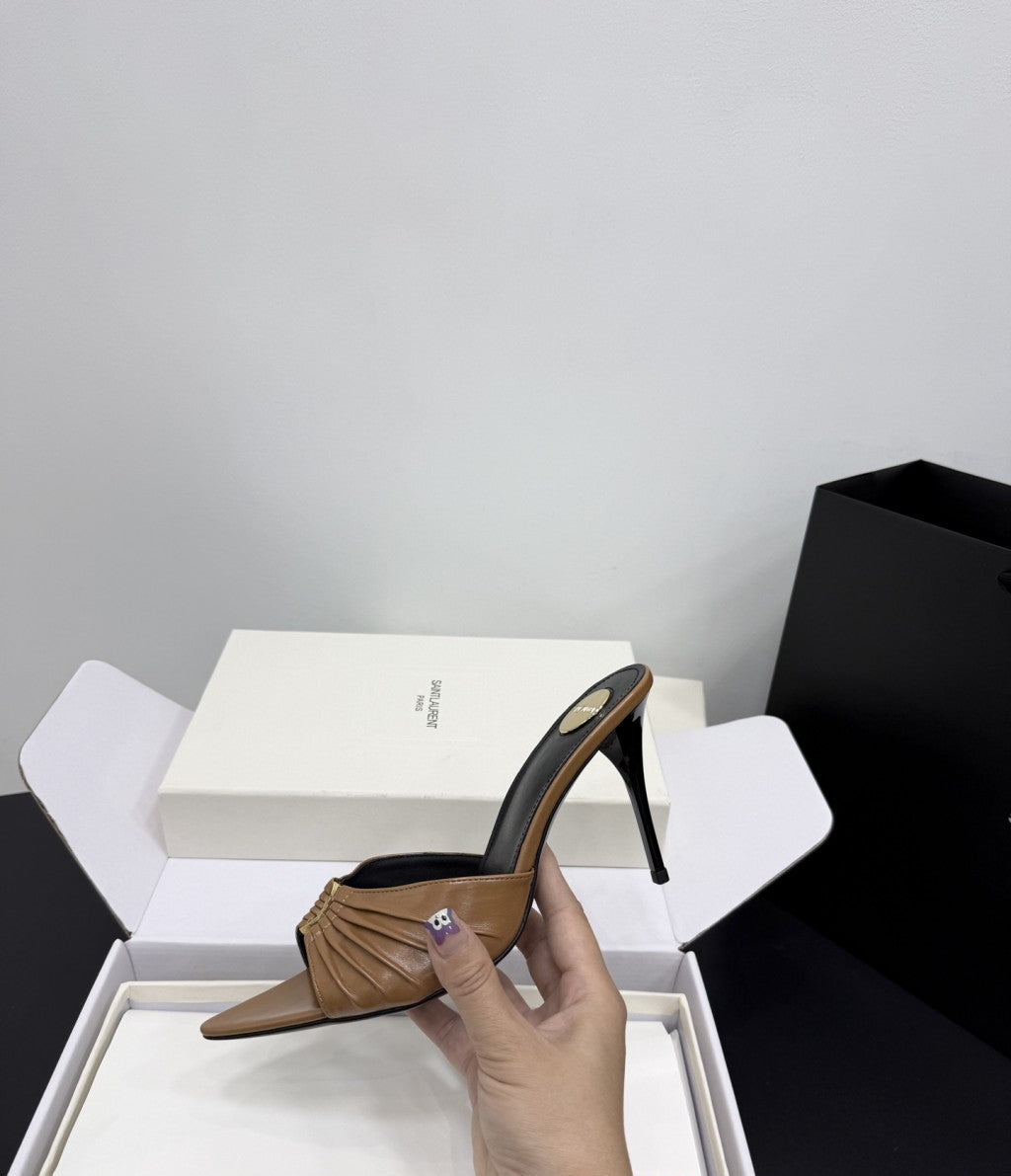 Saint Laurent Babylone Ruched Mules in Leather Camel