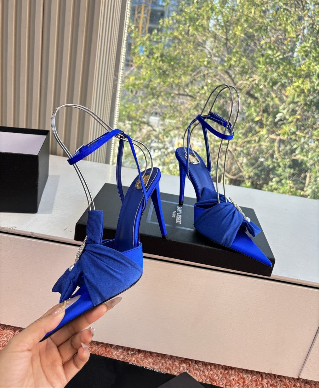 Saint Laurent Dove Sandals in Satin Crepe and Rhinestones Royal Blue