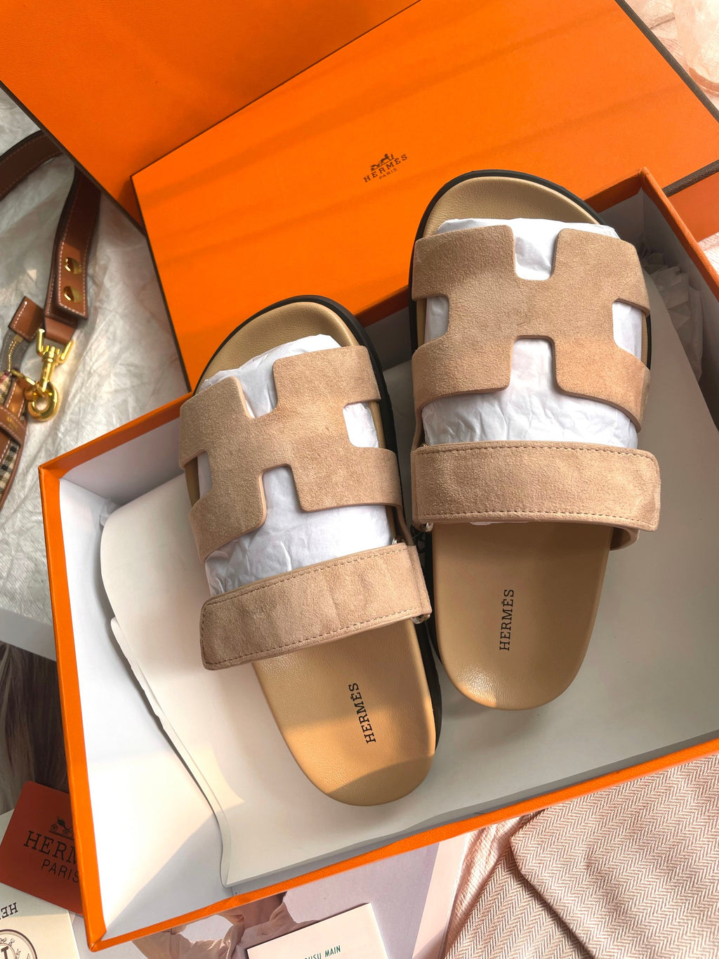 Hermès Women's Chypre Suede Sandal In Beige Argile