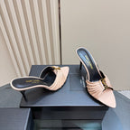 Saint Laurent Babylone Ruched Mules in Leather Nude