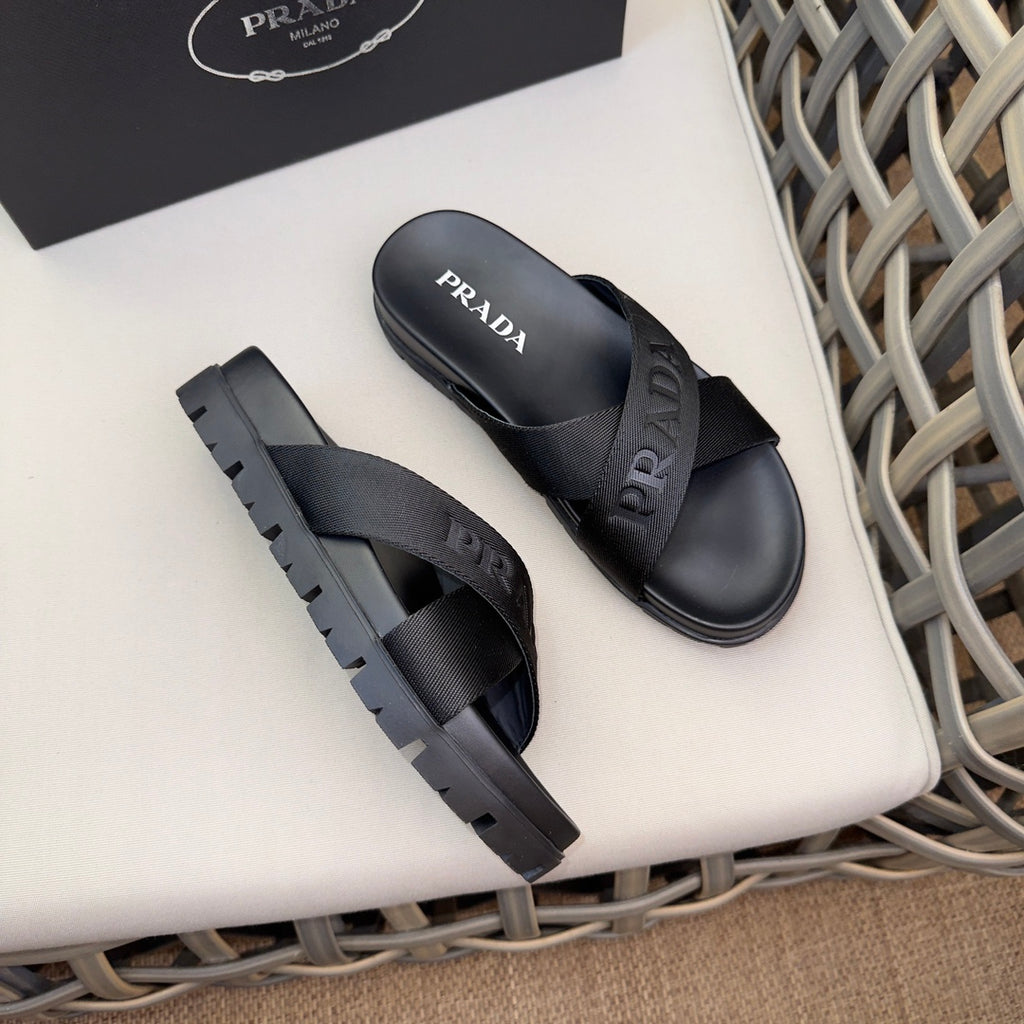 Prada Nylon Tape Crisscross Slides Black Leather ( Pronta entega )
