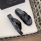 Prada Nylon Tape Crisscross Slides Black Leather ( Pronta entega )