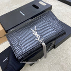 Saint Laurent Shoulder Bag Black Croc Ferragens Prata