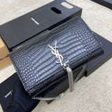 Saint Laurent Shoulder Bag Black Croc Ferragens Prata