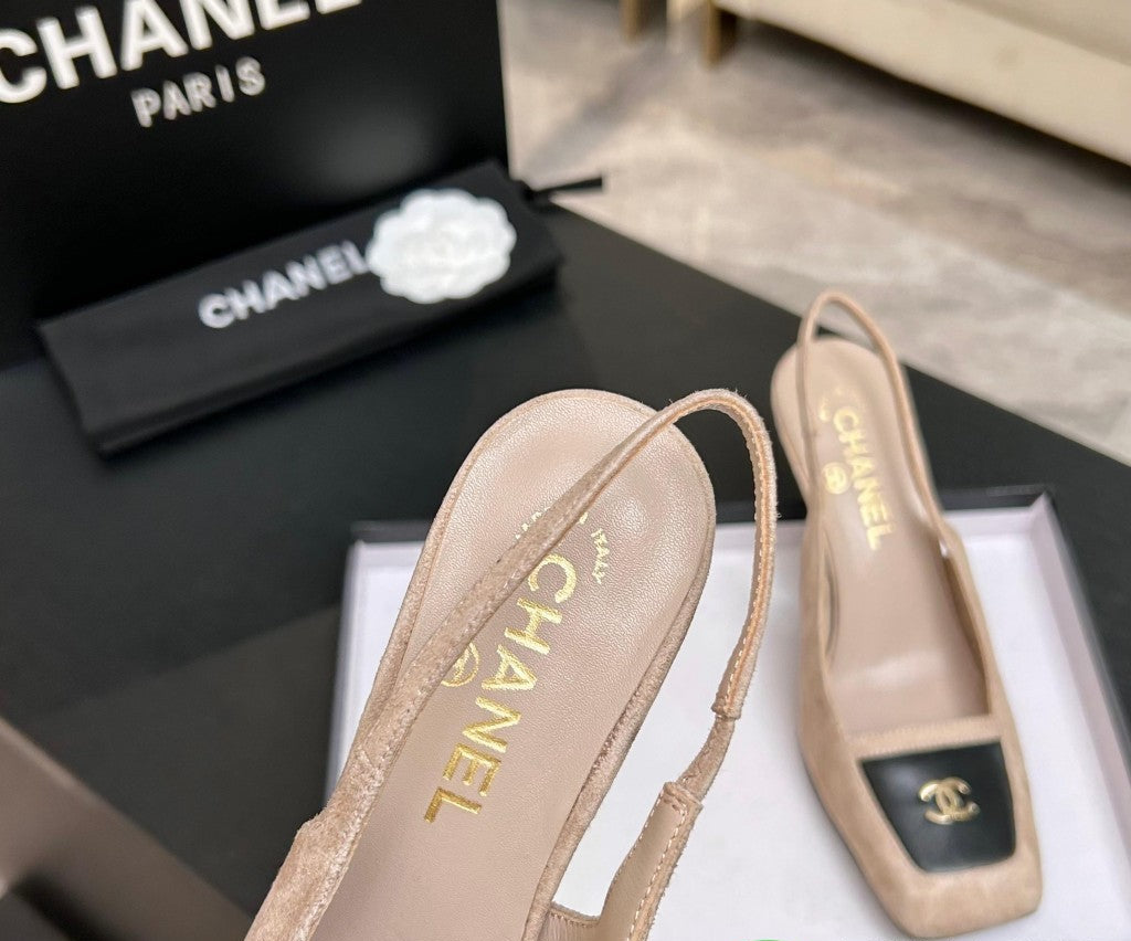 Chanel Slingback Heel Suede Beige Black Gold