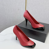 Chanel Square-Toe Cap-Toe Pumps in Red &  Black Leather. Salto 9 cm.