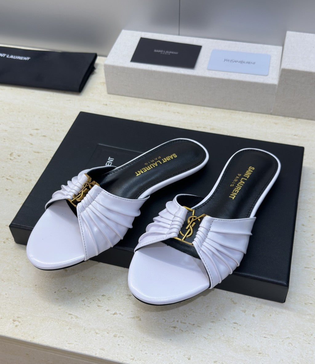 Saint Laurent Flat Slide Sandals White Gold