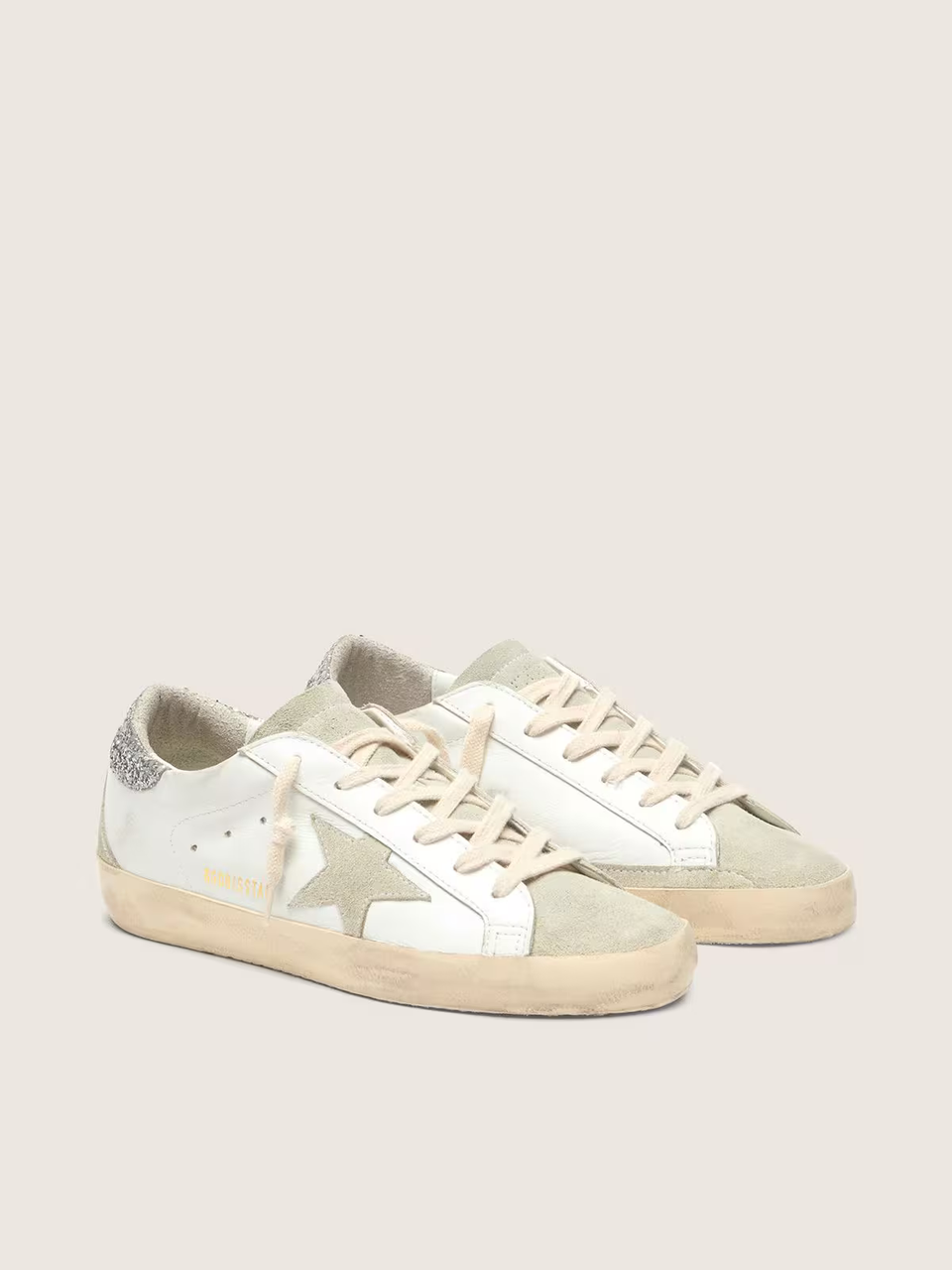 Golden Goose Super-Star White Leather Ice Suede Silver Glitter Heel