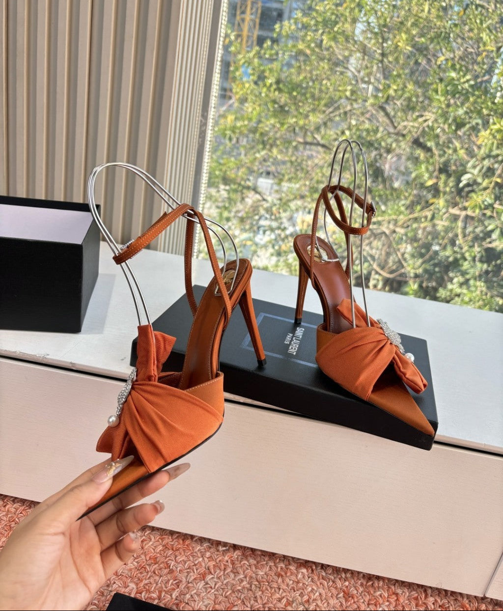 Saint Laurent Dove Sandals in Satin Crepe and Rhinestones Orange