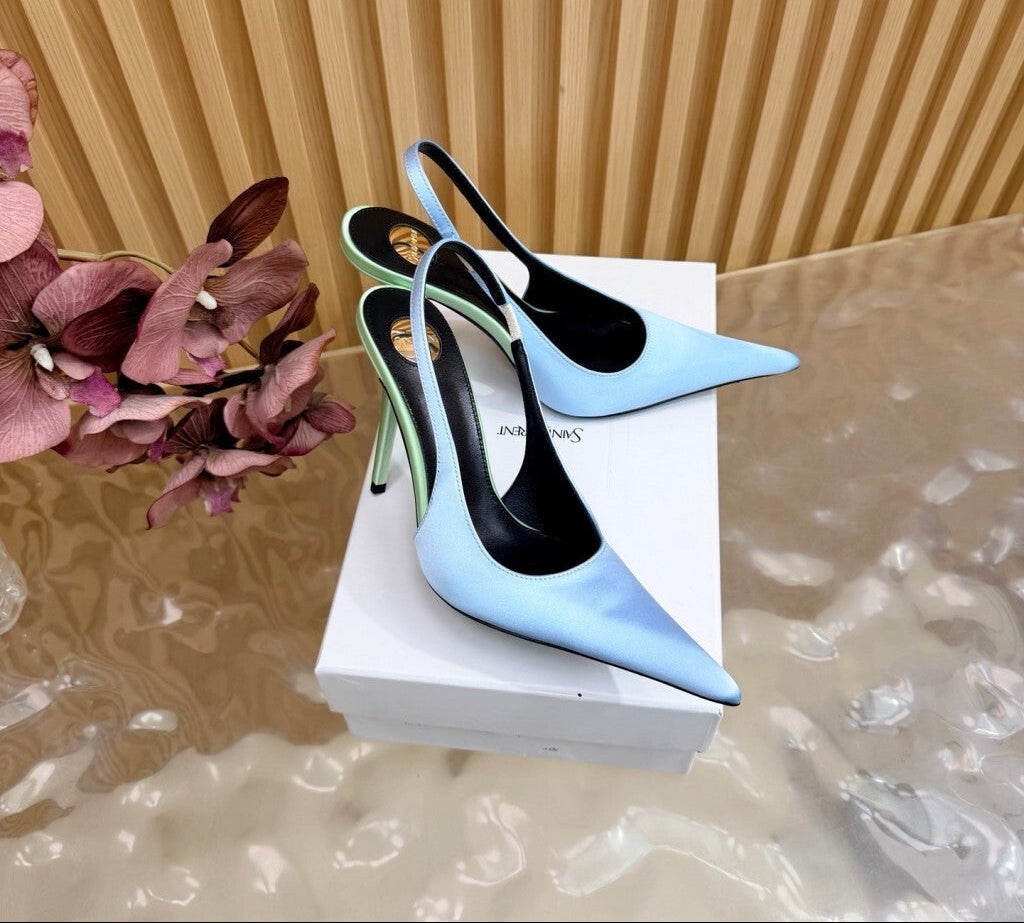 Saint Laurent Scarpin Slingback Deroche  Soft Blue & Pastel Green em  Crepe de Cetim