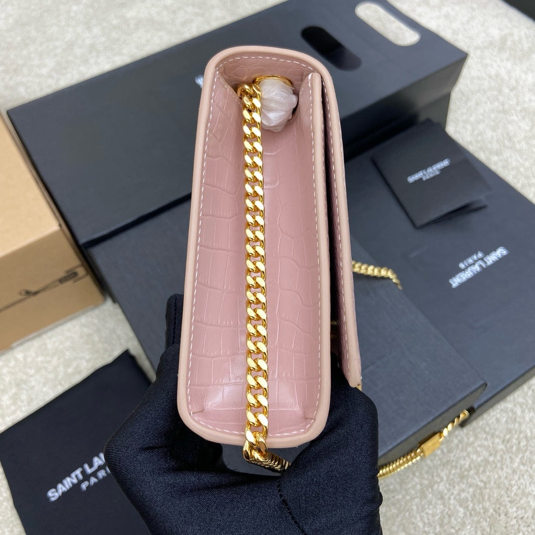 Saint Laurent Shoulder Bag Pink Blush Croc Ferragens Dourados