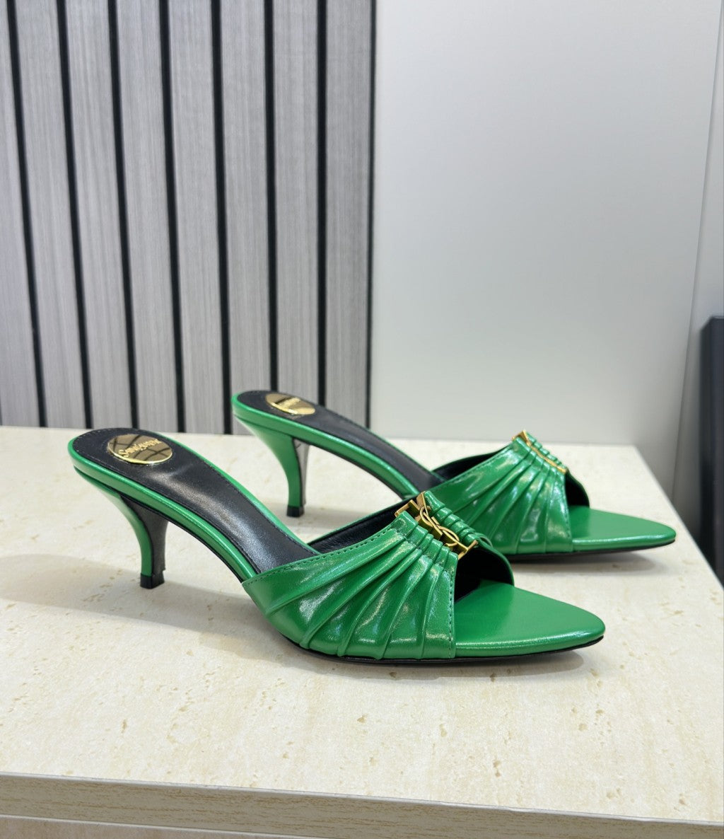 Saint Laurent Babylone Heeled Slide Sandals Green Gold