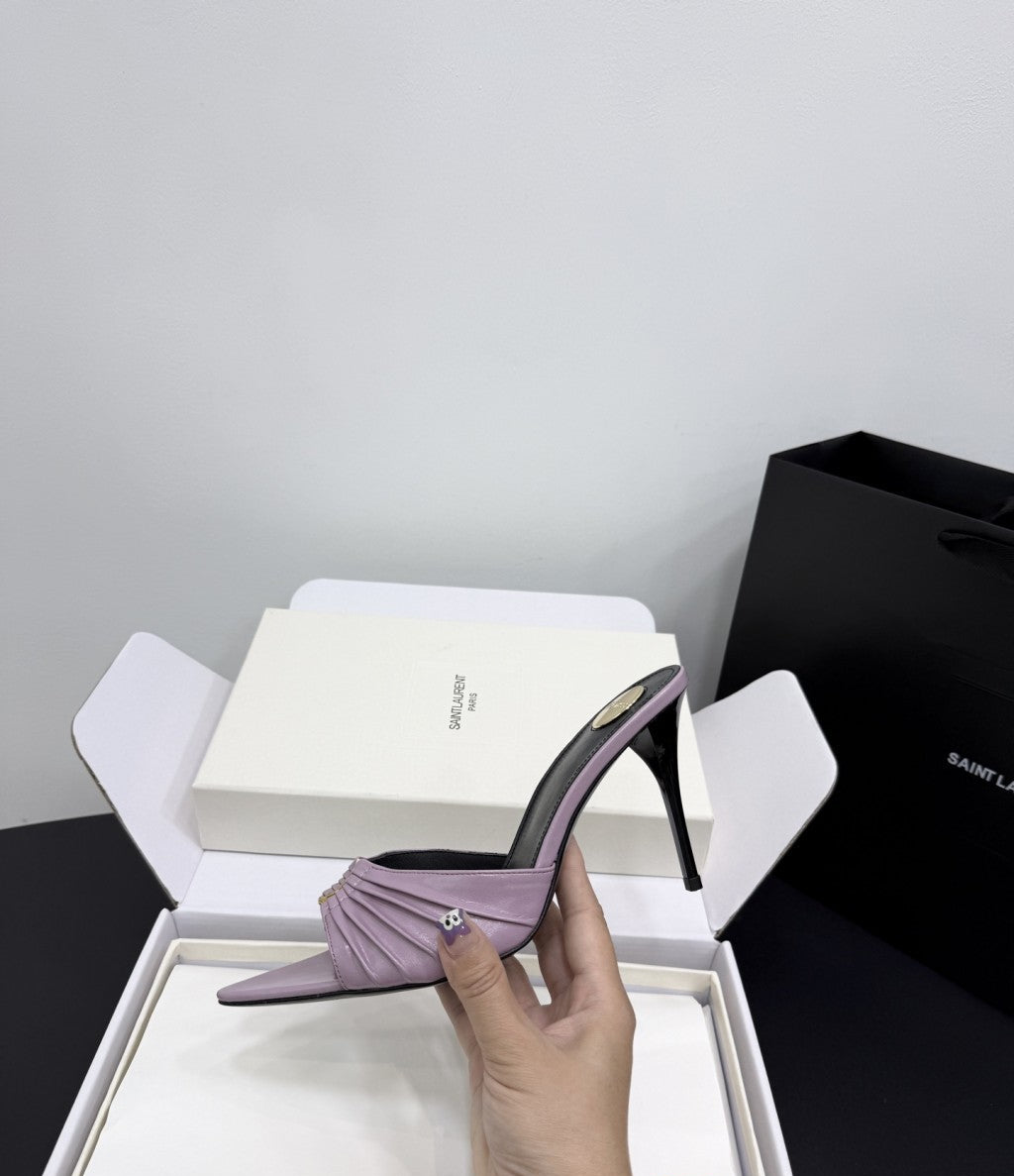 Saint Laurent Babylone Ruched Mules in Leather Lilac