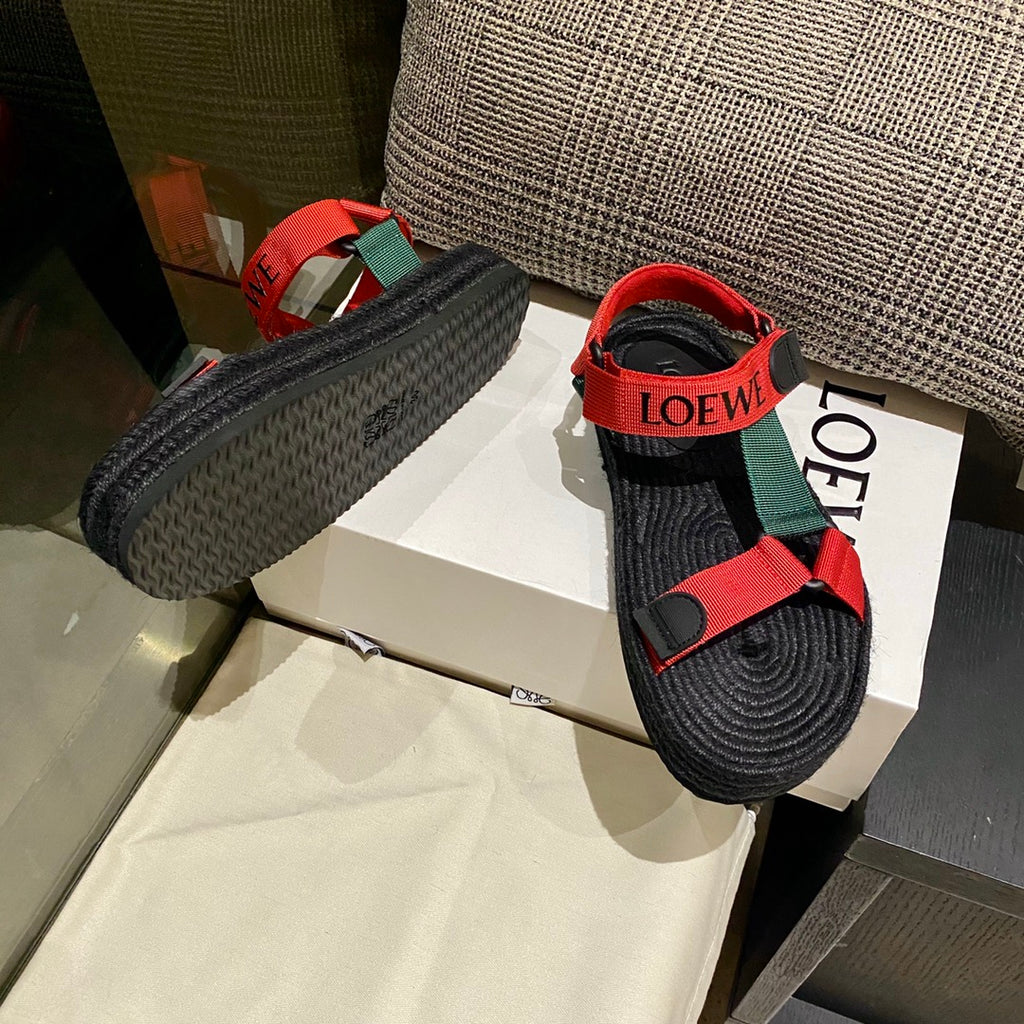 LOEWE Strappy Espadrille Sandals Unisex Nylon In Red/Green