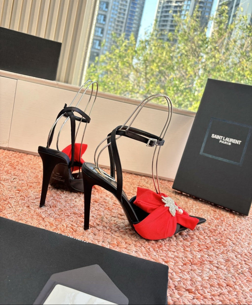 Saint Laurent Dove Sandals in Satin Crepe and Rhinestones Black / Red
