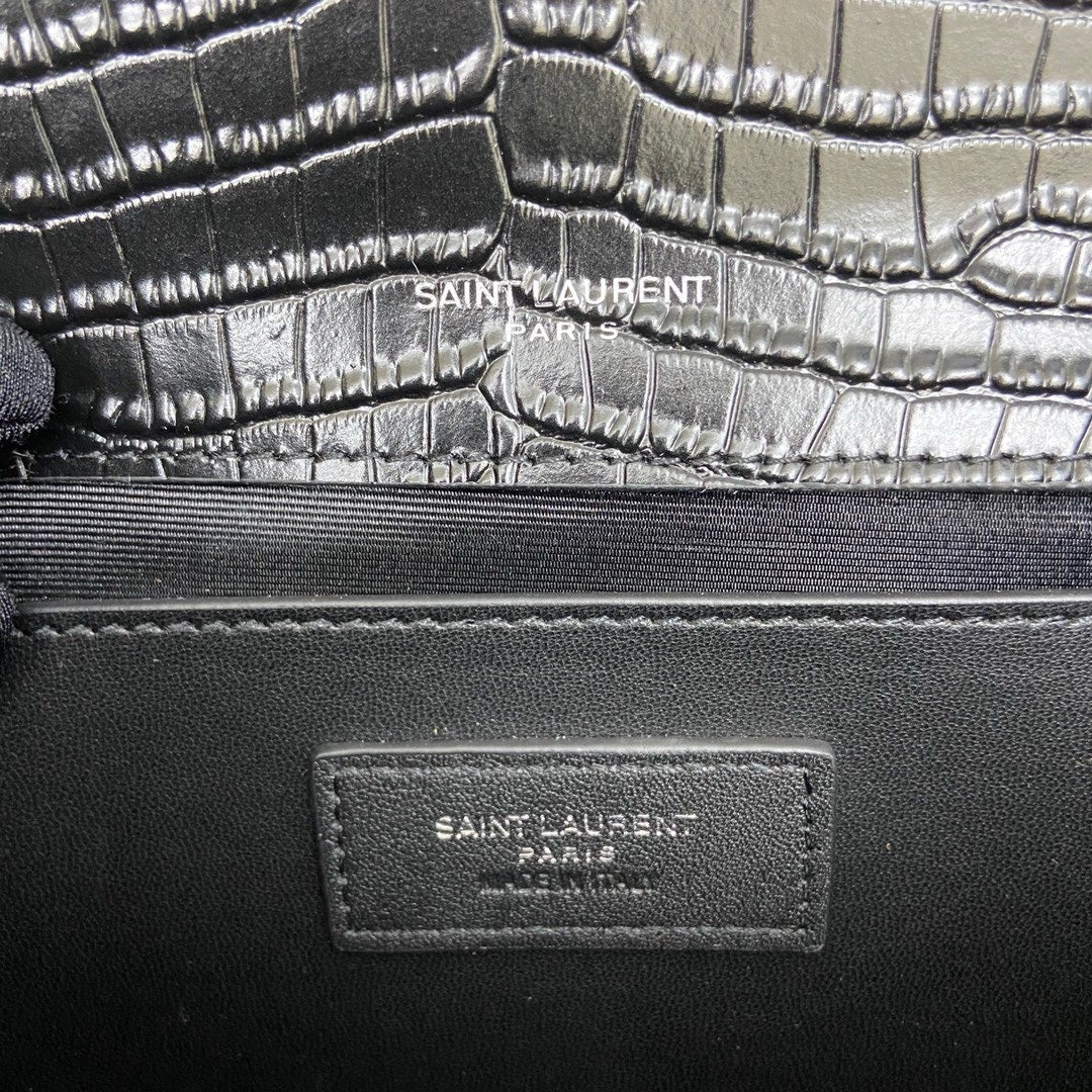 Saint Laurent Shoulder Bag Black Croc Ferragens Prata