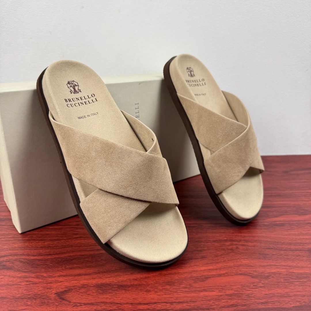 Brunello Cucinelli Slide De Camurça Com Tiras Cruzadas